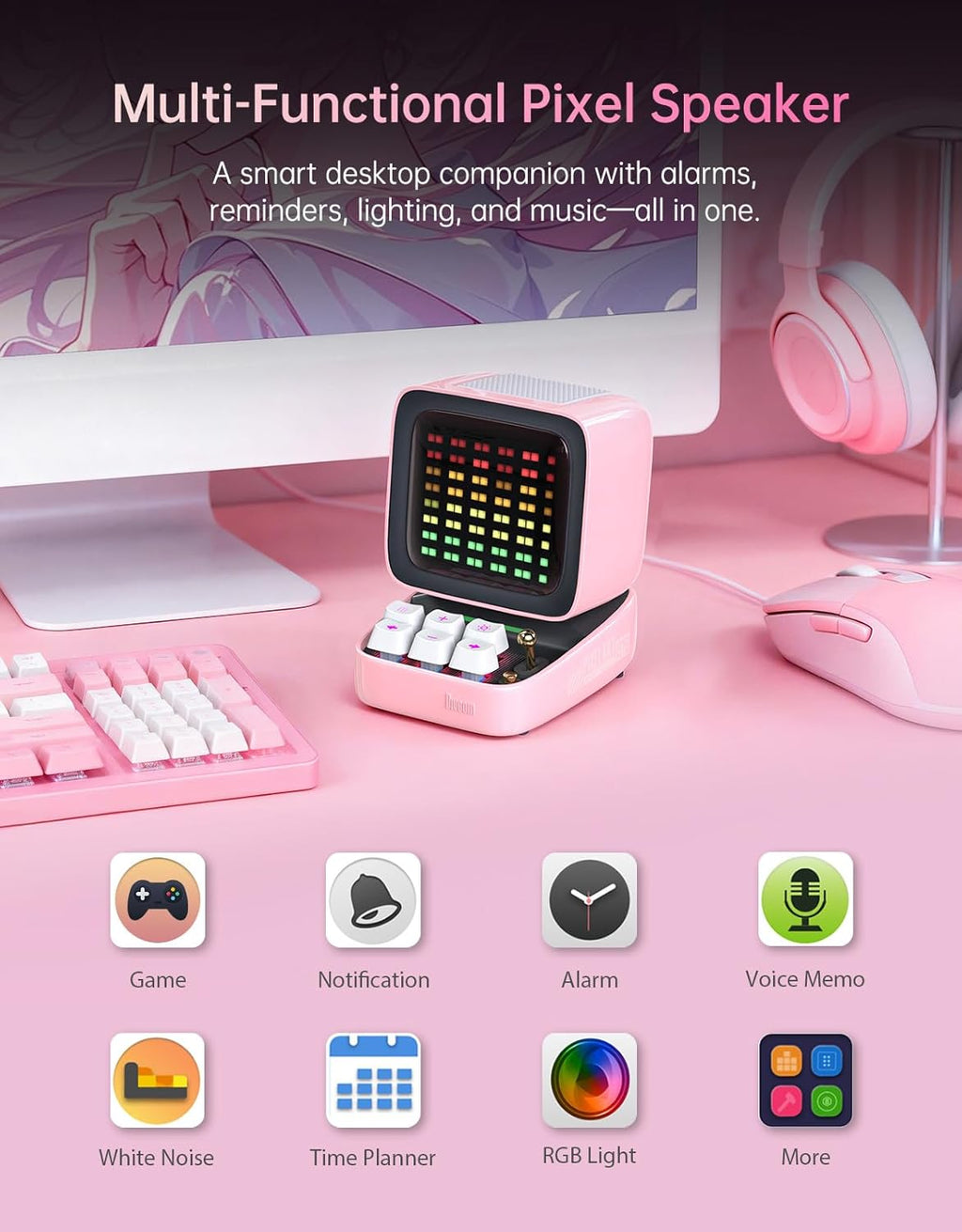 Ditoo Retro Pixel Art Game Bluetooth Speaker with 16X16 LED App Controlled Front Screen (Pink)