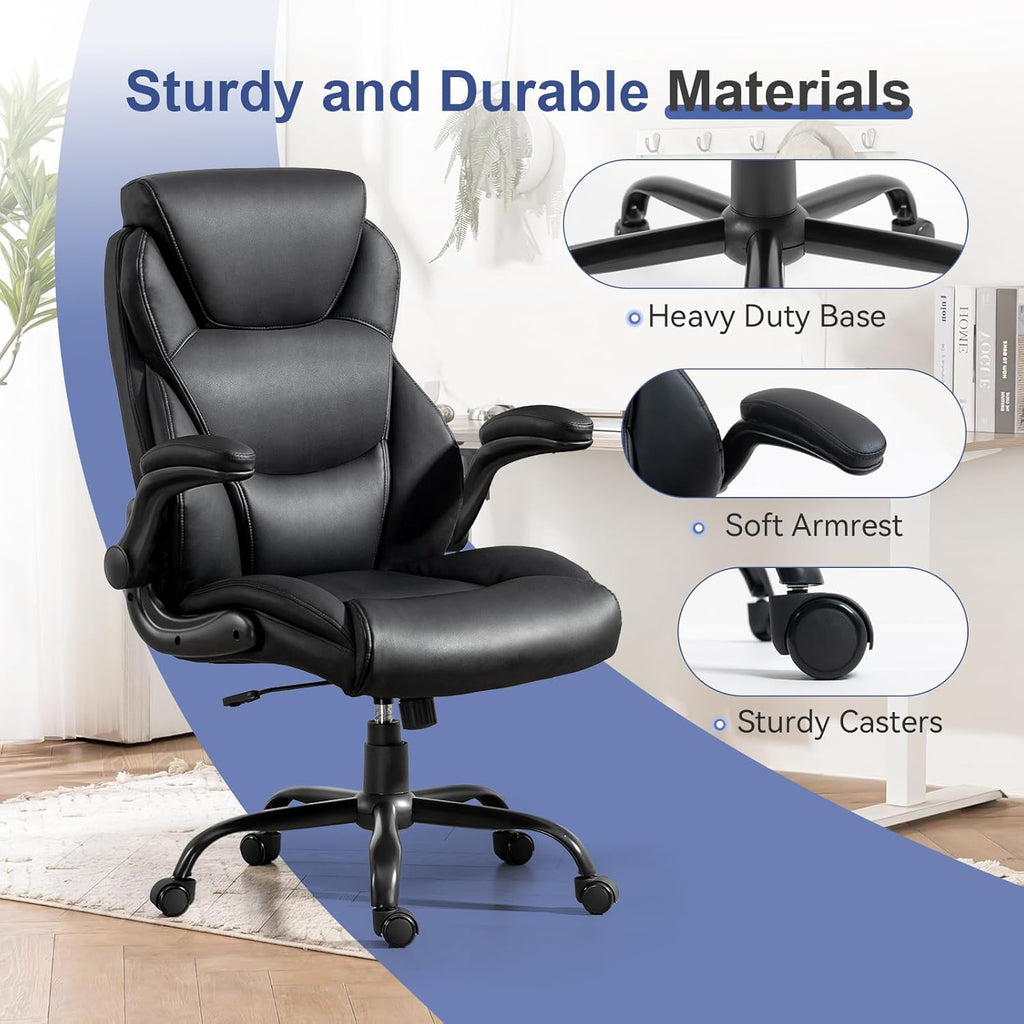 400LBS Big and Tall Office Chair, Heavy Duty Leather Executive Desk Chair with Padded Flip-Up Arms, Swivel Rolling Computer Chair for Home Office, Black
